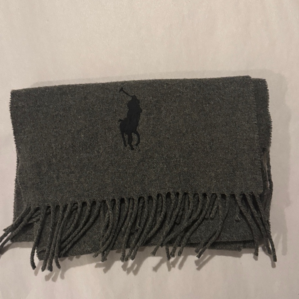 Polo by Ralph Lauren 100% Wool Dark Gray Scarf with Fringe - Picture 1 of 5